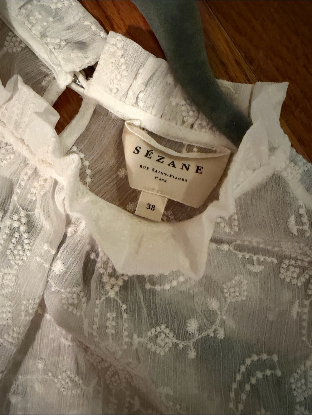 Sezane delicate White Embroidered Ruffle Neck Top - Picture 5 of 5